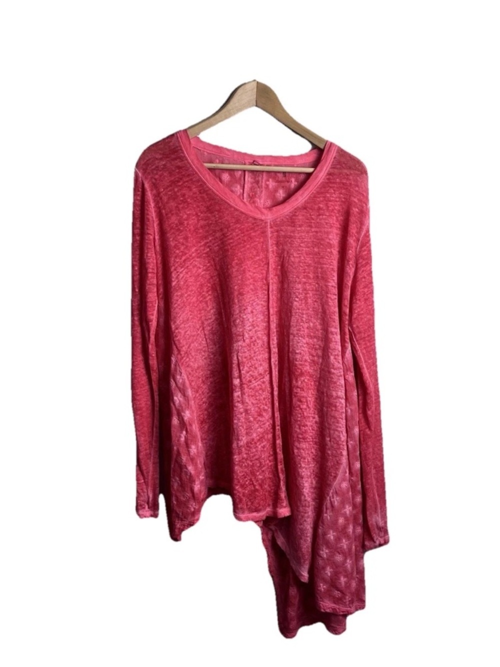 Johnny Was Top Small Linen Tunic Tee Oversized Fit Asymmetrical Red Eyelet Women